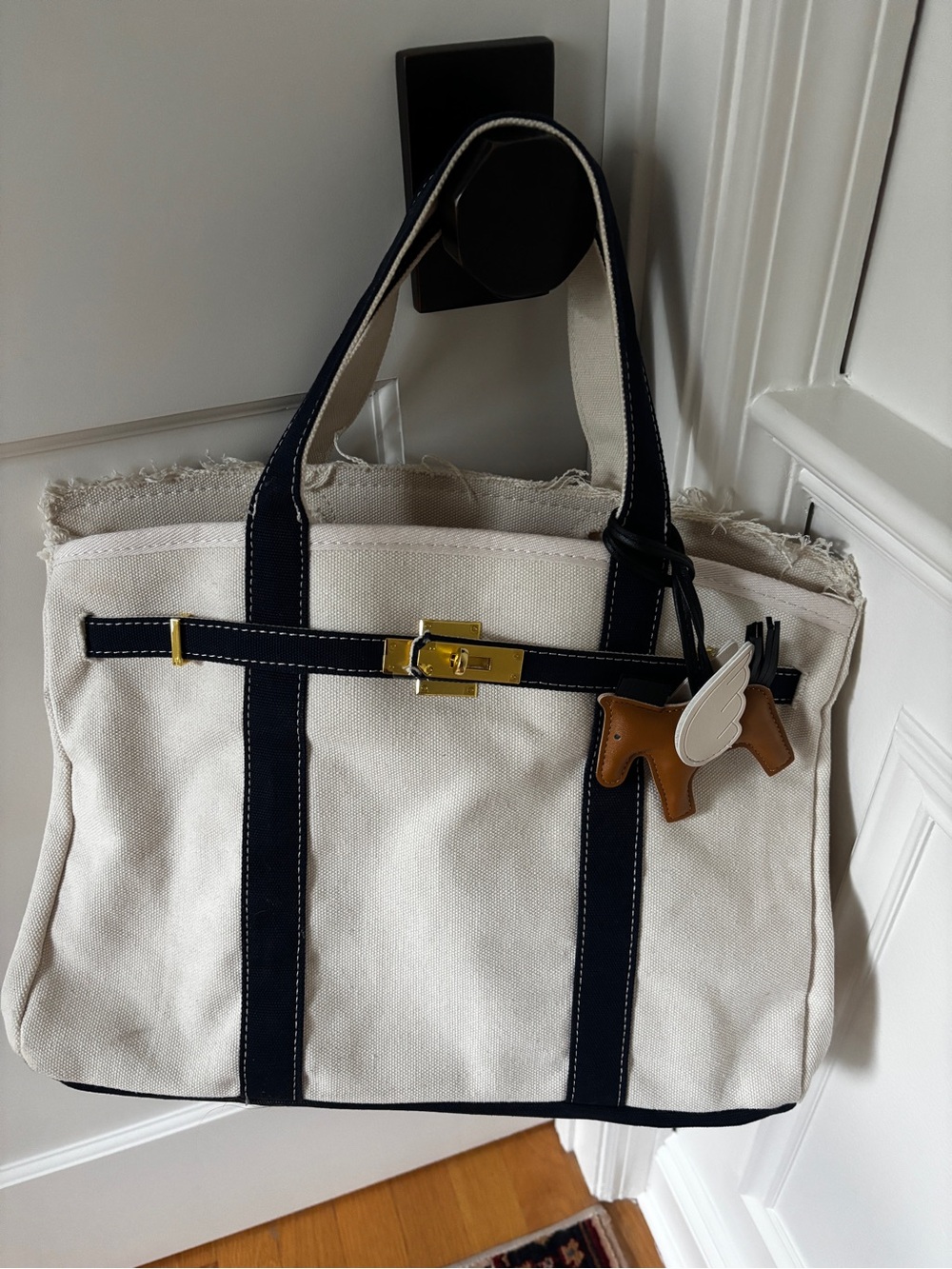 Canvas Tote Bag with Navy Trim and Gold Accent
